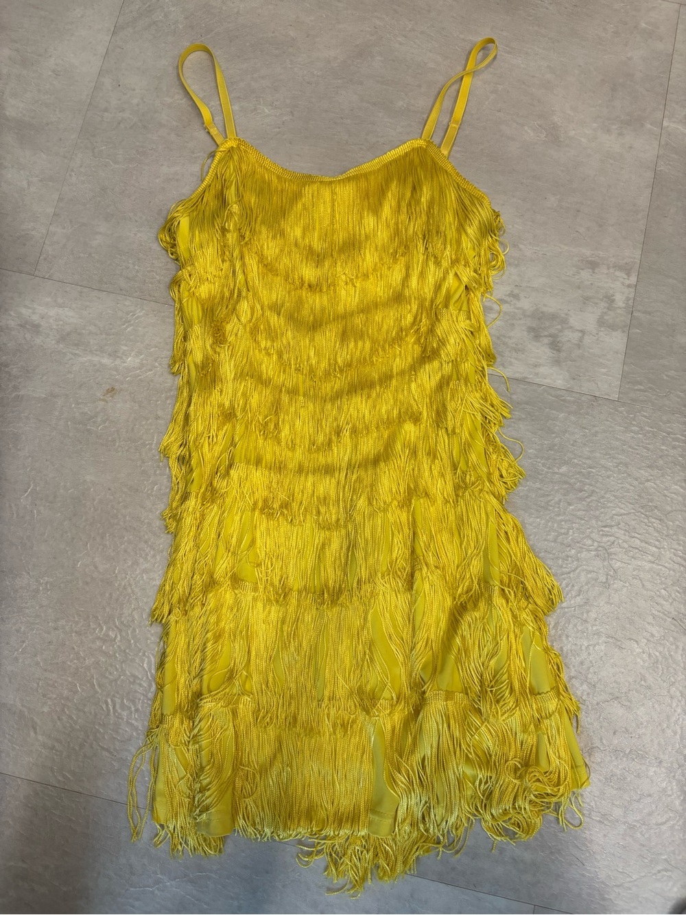 Bright Yellow Fringe Mini Dress with Spaghetti Straps